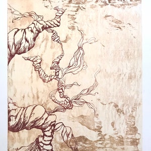 May include: A brown and white abstract print with a red line drawing of a tree-like structure with branches and leaves. The print is signed "Rosalie Arnett" in the bottom right corner.