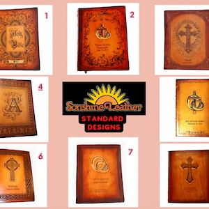 May include: Eight different designs for personalized leather-bound journals. Each journal features a unique design, including a cross, a crown, a letter A, and intertwined rings. The journals are all brown with a gold-colored design.