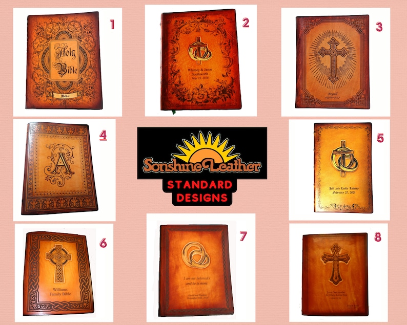 May include: Eight different designs for personalized leather-bound journals. Each journal features a unique design, including a cross, a crown, a letter A, and intertwined rings. The journals are all brown with a gold-colored design.