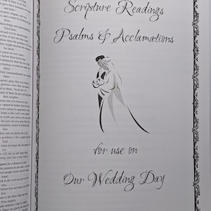 May include: A black and white illustration of a couple holding hands. The text "Scripture Readings Psalms & Acclamations" is at the top of the page. The text "for use on Our Wedding Day" is at the bottom of the page. The text "The Readings, Responses and Acclamations throughout this section can be used in any combination depending on the preferences of the bride and groom." is at the bottom of the page.