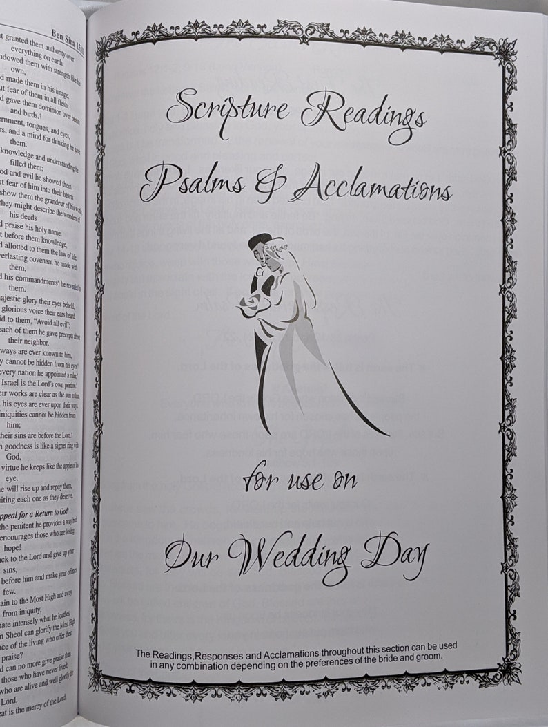 May include: A black and white illustration of a couple holding hands. The text "Scripture Readings Psalms & Acclamations" is at the top of the page. The text "for use on Our Wedding Day" is at the bottom of the page. The text "The Readings, Responses and Acclamations throughout this section can be used in any combination depending on the preferences of the bride and groom." is at the bottom of the page.