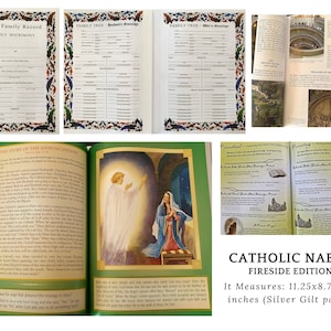 May include: Catholic Nabre Fireside Edition book with silver gilt pages. The book is open to a page with an illustration of the Annunciation. The book measures 11.25 inches by 8.75 inches by 2.5 inches.