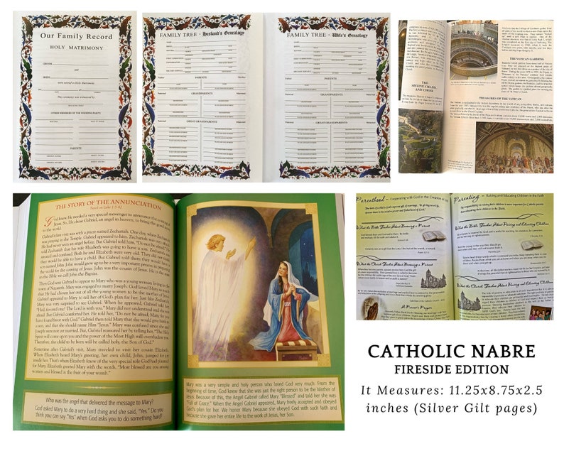 May include: Catholic Nabre Fireside Edition book with silver gilt pages. The book is open to a page with an illustration of the Annunciation. The book measures 11.25 inches by 8.75 inches by 2.5 inches.