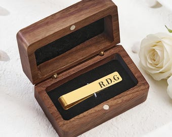Personalized Engraved Tie Clip Set, Stainless Steel & Walnut Wood Box, Groomsmen Gift