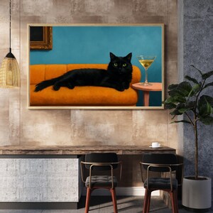 Martini Cat Wall Art, Black Cat Poster, Cute Quirky Whimsical | Cocktail Art Bar Cart Decor | Fine Art Print Gift | Cat Core, Bar Core