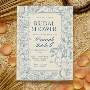 Blue Cowgirl Floral Bridal Shower Invite, Vintage Floral Country Chinoiserie Invitation Template Wedding Shower Invite Download, Editable