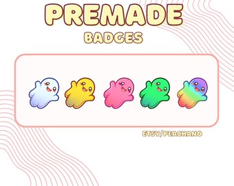 Puede incluir: Imagen que presenta cinco insignias de fantasmas de dibujos animados coloridos. Las insignias están en fila, cada una con un color único: azul claro, amarillo, rosa, verde y arcoíris. El texto "PREMADE BADGES" está en la parte superior y "ETSY/PEACHANO" en la inferior.