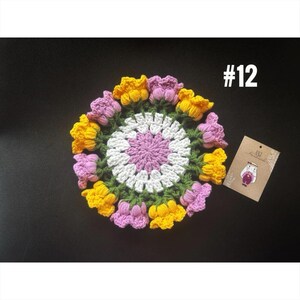 Floral Crochet Coasters with Basket – Bellflower & Rose Bouquet Design, Handmade Gift for Her, Tea Table or Desk Decor