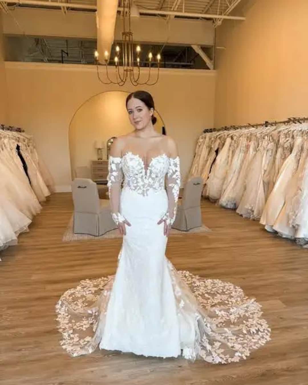 Boho Lace Mermaid Wedding Dress with Long Sleeves and Appliqué Details main image 0