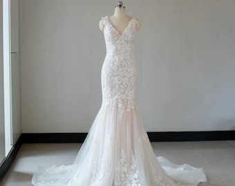 Gorgeous Mermaid wedding dress, V Neck bridal gown, Church wedding gown