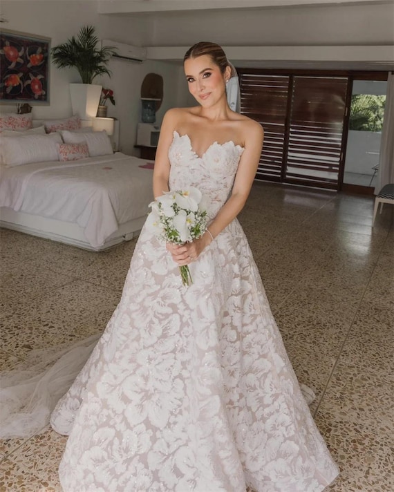 beach simple wedding dress Strapless Lace Corset Wedding Dress with Fringe Detail & Tulle Slit Sk –  Think Bridal