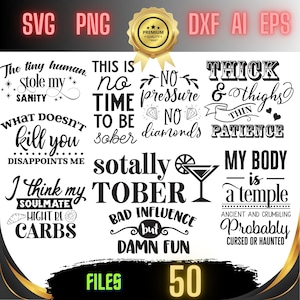 Funny Quote SVG Bundle: 50 Sarcastic Sayings, Humor Designs (Digital Download)