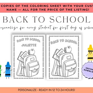 Può includere: Un foglio da colorare di Ritorno a scuola in bianco e nero con uno zaino, libri e una mela. Il testo recita "Back to School" e "Personalizza per ogni studente per il primo giorno di scuola!" L'immagine include il testo "10 copie del foglio da colorare con il tuo nome personalizzato - tutto al prezzo dell'inserzione!"
