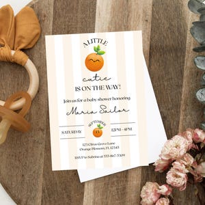 A Little Cutie Baby Shower Bundle | Orange Citrus Shower Set | Canva Invite, Welcome Sign, Thank You Card, Diaper Raffle & Books for Baby