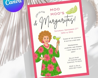 May include: A party invitation with a pink border and the text "Moo Moo's & Margaritas!" features a cartoon woman in a green floral dress holding a margarita. The invitation includes event details and RSVP information.