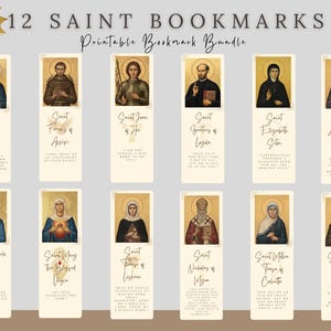 Pode incluir: Uma coleção de 12 marcadores de santos para imprimir. Cada marcador apresenta um retrato de um santo com seu nome e uma citação. Os marcadores têm uma estética vintage com fundo creme e detalhes dourados.