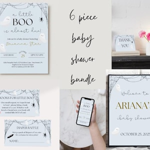 A Little Boo is Almost Due Halloween Baby Boy Shower Bundle | Editable Canva Template Printables | Spooky Cute Ghost & Spider Web Design