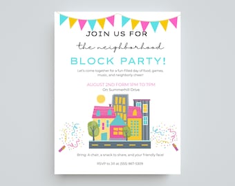 Block Party Flyer: Editable Canva Template, Pink Blue Yellow Design (Instant Download)