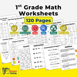Puede incluir: Un conjunto de hojas de trabajo de matemáticas de 1er grado con el texto "120 páginas". Las hojas de trabajo cubren temas como gráficos, medición, tiempo, datos, formas y valor posicional. El logotipo de Bright Minds está en la parte inferior.