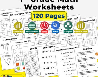 Op de afbeelding: Een stapel wiskundewoorden voor de 1e klas met de tekst "120 pagina's". De werkbladen behandelen onderwerpen als grafieken, metingen, tijd, gegevens, vormen en plaatswaarde. Het Bright Minds-logo staat onderaan.