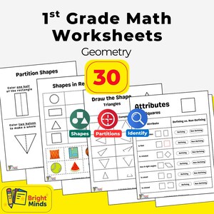 May include: A set of 1st Grade Math Worksheets covering Geometry. The worksheets include topics like partitioning shapes, identifying attributes, and drawing triangles. The image features the text "30" in a yellow circle.