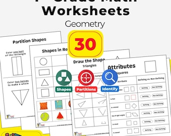 1st Grade Geometry Worksheets | Shapes, Partitions (PDF)