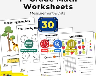 Op de afbeelding: Een verzameling wiskundewoordensheets voor de 1e klas, gericht op meten en gegevens. De werkbladen omvatten onderwerpen als meten in inches, tijd vertellen, grafieken en gegevensanalyse. De afbeelding toont een geel-blauw kleurenschema met de tekst "30" in een blauwe cirkel.