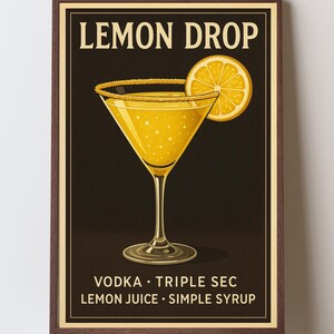 Lemon Drop Cocktail Poster | Retro Drink Recipe Print | Yellow Bar Art | Digital Wall Art | Kitchen Decor