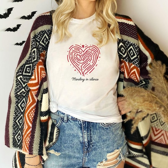 Mending in Silence T-Shirt, Healing Heart Tee, Minimalist Emotional Wellness Shirt, Gift for Empaths, Unisex Softstyle Tee