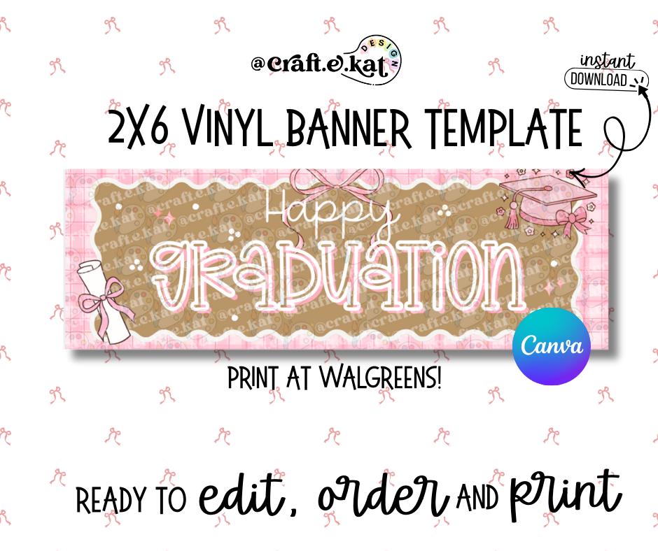 Graduation Pink Pattern Border Pink Graduation Printable Banner Template | Canva Editable 2x6 Vinyl ...