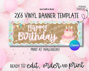Birthday Cake Banner Template | 2x6 Vinyl Sign, Canva Design (Instant Download)