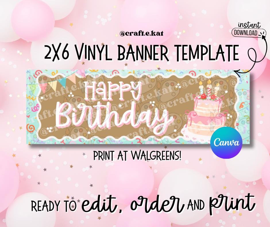 Birthday Cake Banner Template | 2x6 Vinyl Sign, Canva Design (instant ...