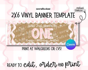 Girls Just Wanna Be One Banner Template – Pink First Birthday Vinyl (Digital Download)