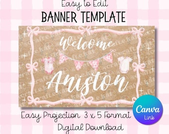Banner Template - Welcome Baby - Clothesline - Girl - Digital Download