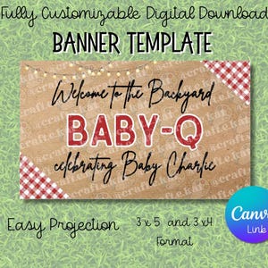 May include: A customizable digital banner template with the text "BANNER TEMPLATE". The banner reads "Welcome to the Backyard BABY-Q celebrating Baby Charlie". It features red and white checkered accents and string lights.