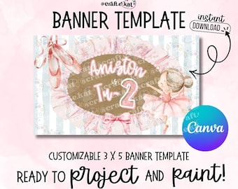 TuTu Ballerina Birthday Banner Template - Instant Digital Download - 3 x 5