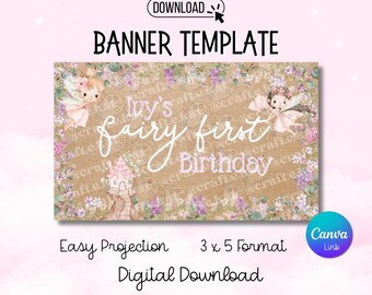 Banner Template - Fairy First Birthday Digital Download