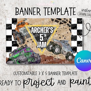 May include: A banner template featuring monster trucks, mud splatters, and the text "ARCHER'S 5TH JAM." The design includes a black and white checkered pattern and the words "BANNER TEMPLATE" and "READY TO project AND paint!"
