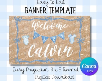 Banner Template - Welcome Baby - Clothesline - Boy - Digital Download