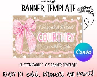 Girly Bow Graduation Banner Template – Customizable 3x5 Canva (Digital Download)
