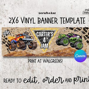 May include: A 2x6 vinyl banner template featuring two monster trucks, one red and orange, the other green and purple. The banner includes the text "CARTER'S 4TH JAM" and instructions to edit, order, and print.