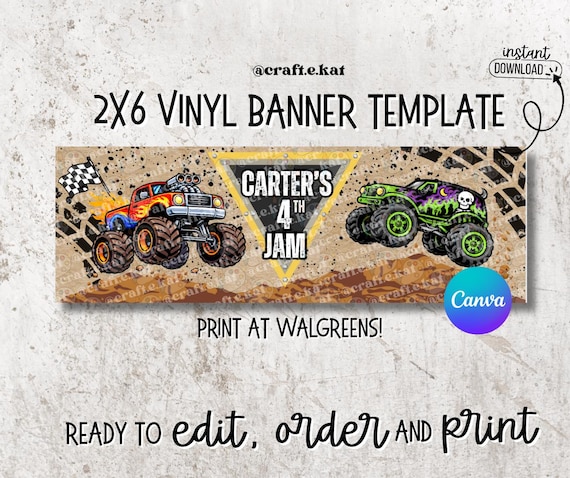 Monster Truck Birthday Banner | 2x6 Vinyl Party Template (Digital Download)