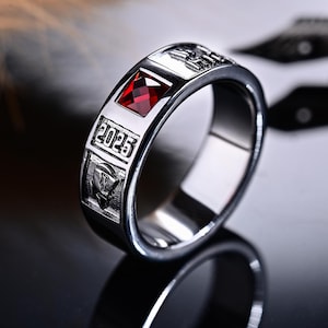 Pierścień drużynowy z grawerunkiem, spersonalizowany srebrny pierścień mistrzowski, prosty kwadratowy wzór biżuterii z kamieniem szlachetnym, prezent na ukończenie szkoły