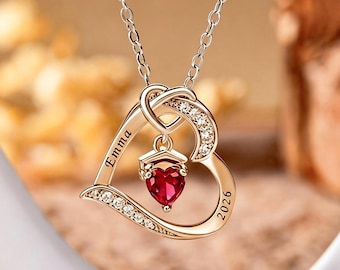 Custom Name Heart Birthstone Necklace for Girl, Personalized