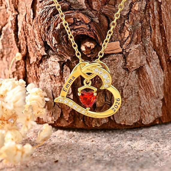 Custom Name Heart Birthstone Necklace for Girl, Personalized