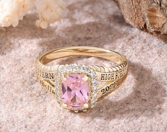 Customizable Sorority Birthstone Class Ring, Personalized Graduation Jewelry for Women, Sisterhood Keepsake, Senior Ring Day Gift for Girls