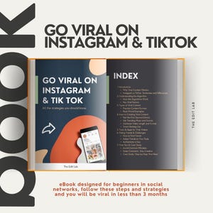 May include: An open book titled "GO VIRAL ON INSTAGRAM & TIKTOK". The book's cover and inside pages are visible, along with an index and a smartphone displaying social media content. The text below the title reads "All the strategies you should know."