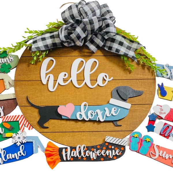 Hello - Dachshund Doxie - Interchangeable Seasons Holidays -  Large Round Shiplap - Wall Sign / Door Sign Wreath