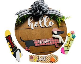 Hello - Dachshund Doxie - Interchangeable Four Seasons Holidays -  Large Round Shiplap - Wall Sign / Door Sign Wreath