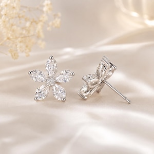 Delicate Floral Stud Earrings for Women, Tiny CZ Flower Earrings, Minimalist Wedding Jewelry Gift